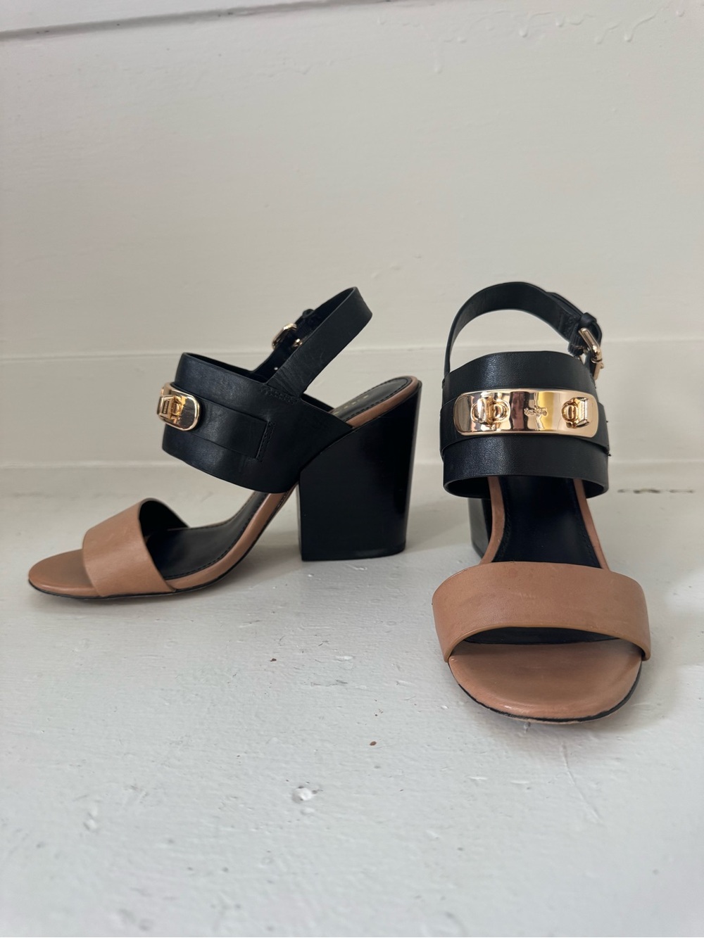 Coach Two-Tone Black and Tan Block Heel Sandals —very gently used